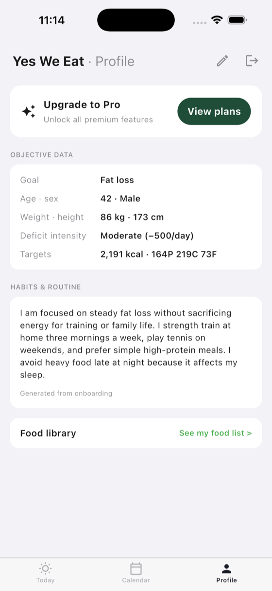 Yes We Eat profile with personalized goals and habits generated from onboarding